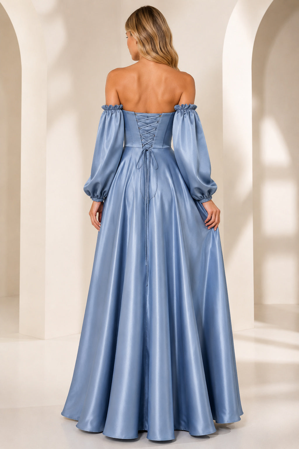 Steel Blue Off the Shoulder Satin A Line Dress with Long Puff Sleeves Floor Length A Line Bridesmaid Dress back view