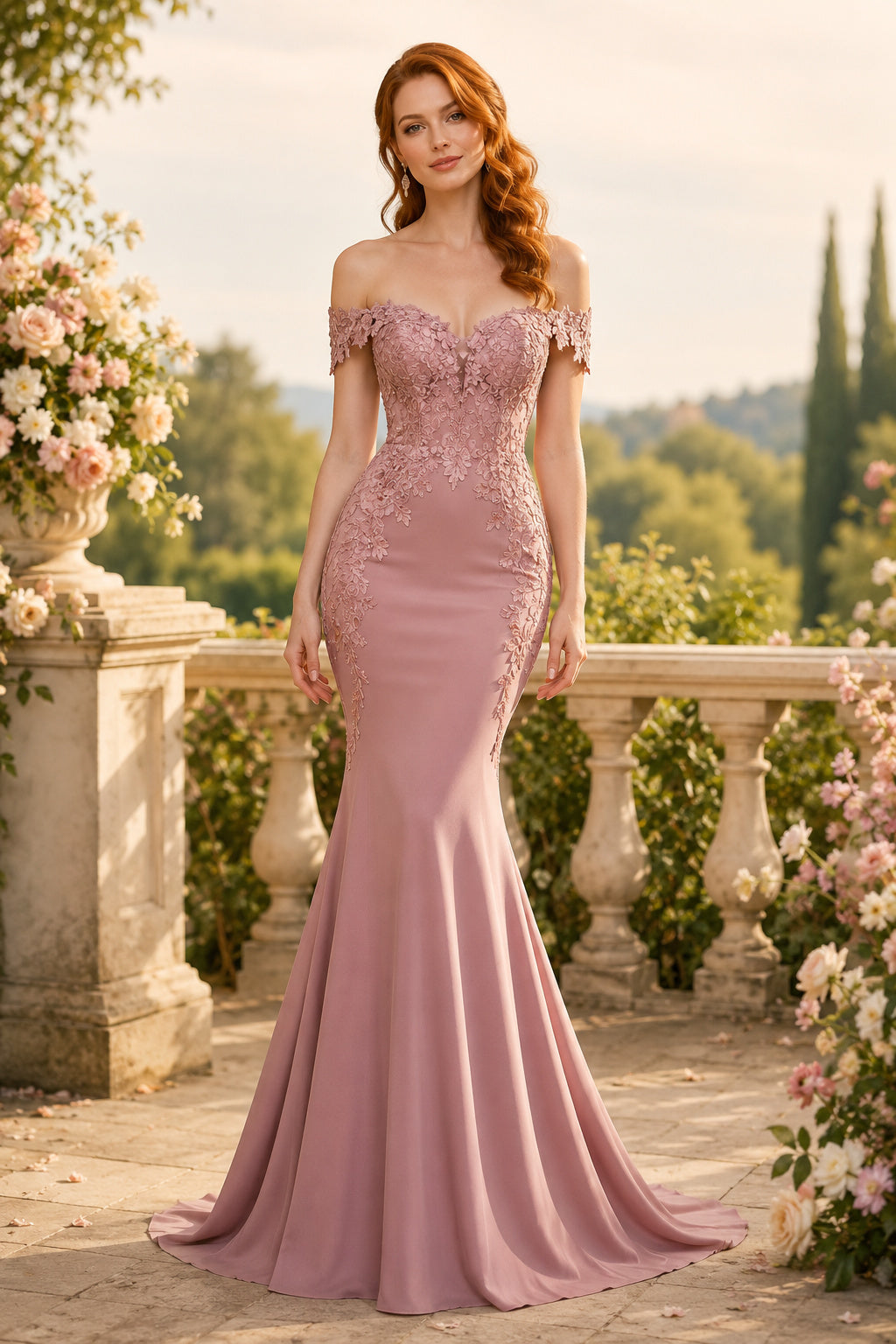 Dusty Rose Off-the-Shoulder Lace Applique Mermaid Formal Dress with Sweep Train for Prom front view