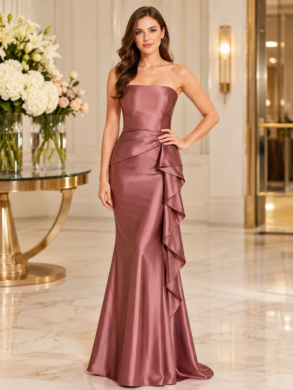 Dusty Rose Strapless Satin Mermaid Ruffle Floor Length Formal Dress front view