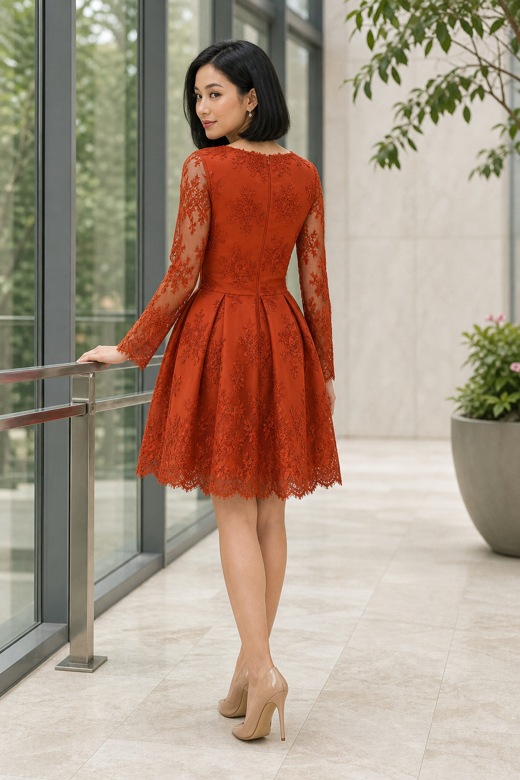 Rust Long Sleeve A-Line Lace Knee-Length Dress With Jewel Neck