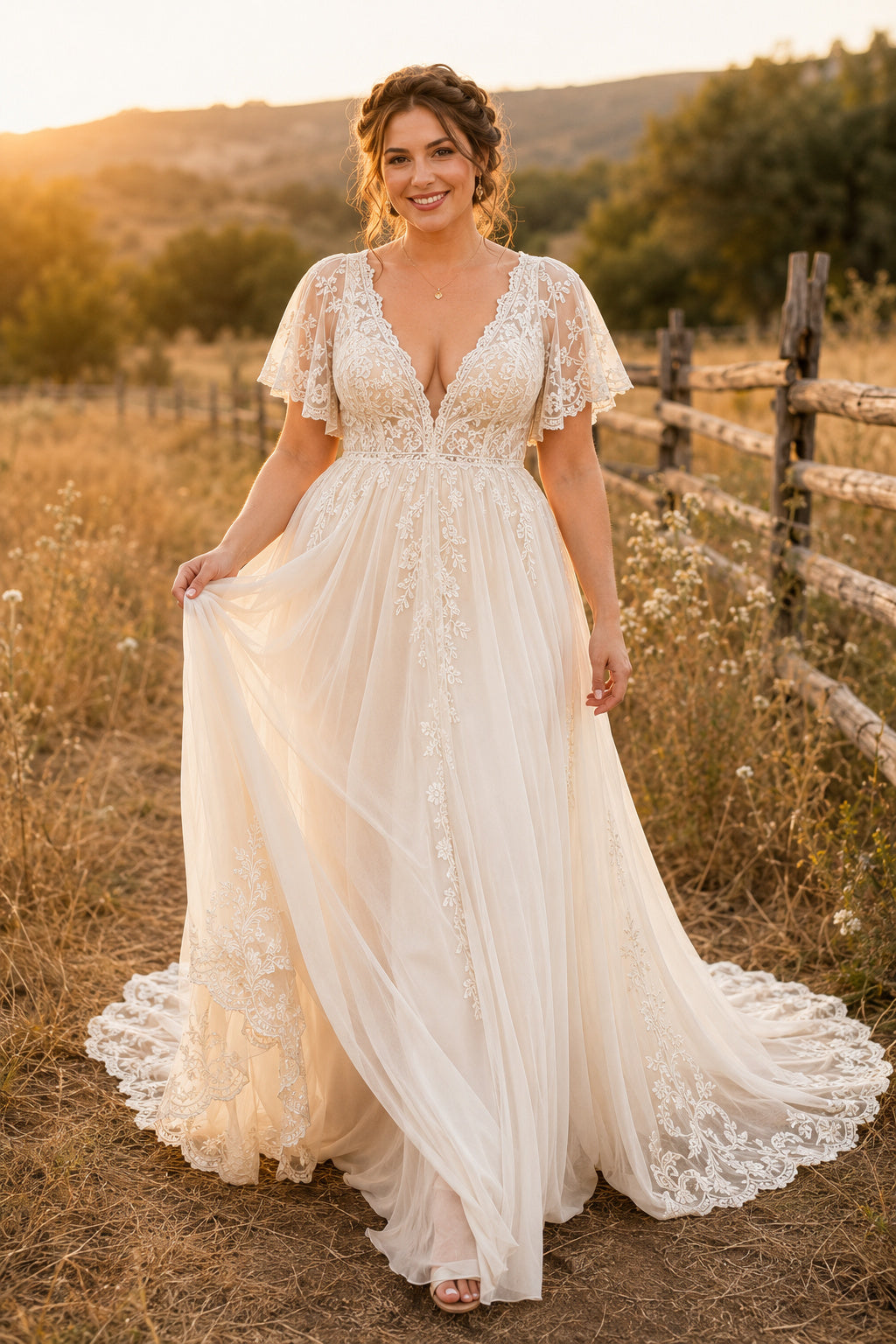 Plus Size Flutter Sleeve V-Neck A-Line Wedding Dress with Lace Bodice and Train for Rustic Garden Ceremony front view
