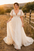 Plus Size Flutter Sleeve V-Neck A-Line Wedding Dress with Lace Bodice and Train for Rustic Garden Ceremony front view