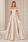 Champagne Off-the-Shoulder Satin A-Line Formal Dress with Pleated Full Skirt front view