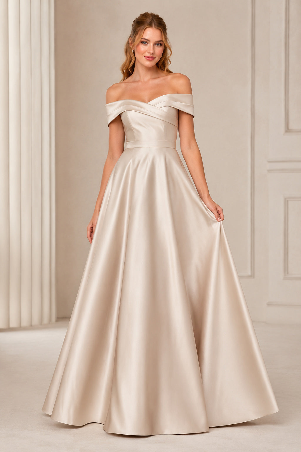 Champagne Off-the-Shoulder Satin A-Line Formal Dress with Pleated Full Skirt front view