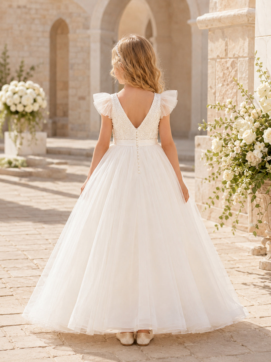 Ivory Tulle Ball Gown Flower Girl Dress with Short Sleeve, V-Neck, Floor-Length Skirt back view
