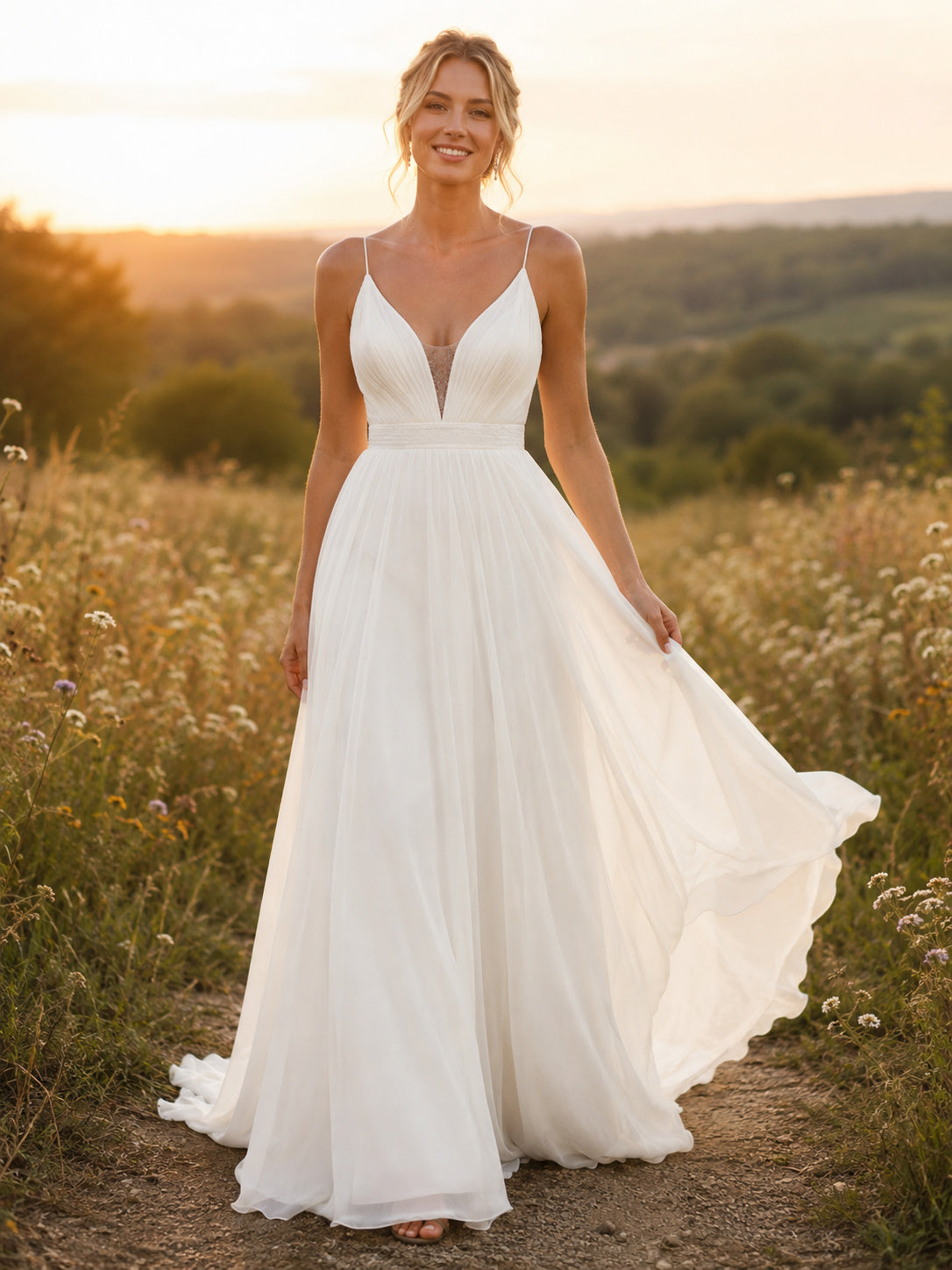 Flowing Spaghetti V Neck Ruched Chiffon A-Line Sweep Outdoor Wedding Gown front view