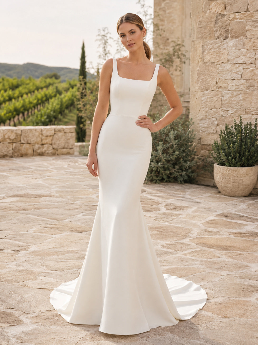Country Satin Wedding Dress Mermaid Square Neck Sleeveless Floor Length Low V Back Bridal Gown front view