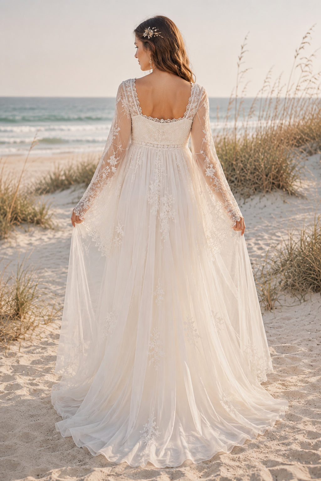 Ivory Square Neck Long Sleeve Maternity Wedding Dress with Soft Tulle Skirt back view
