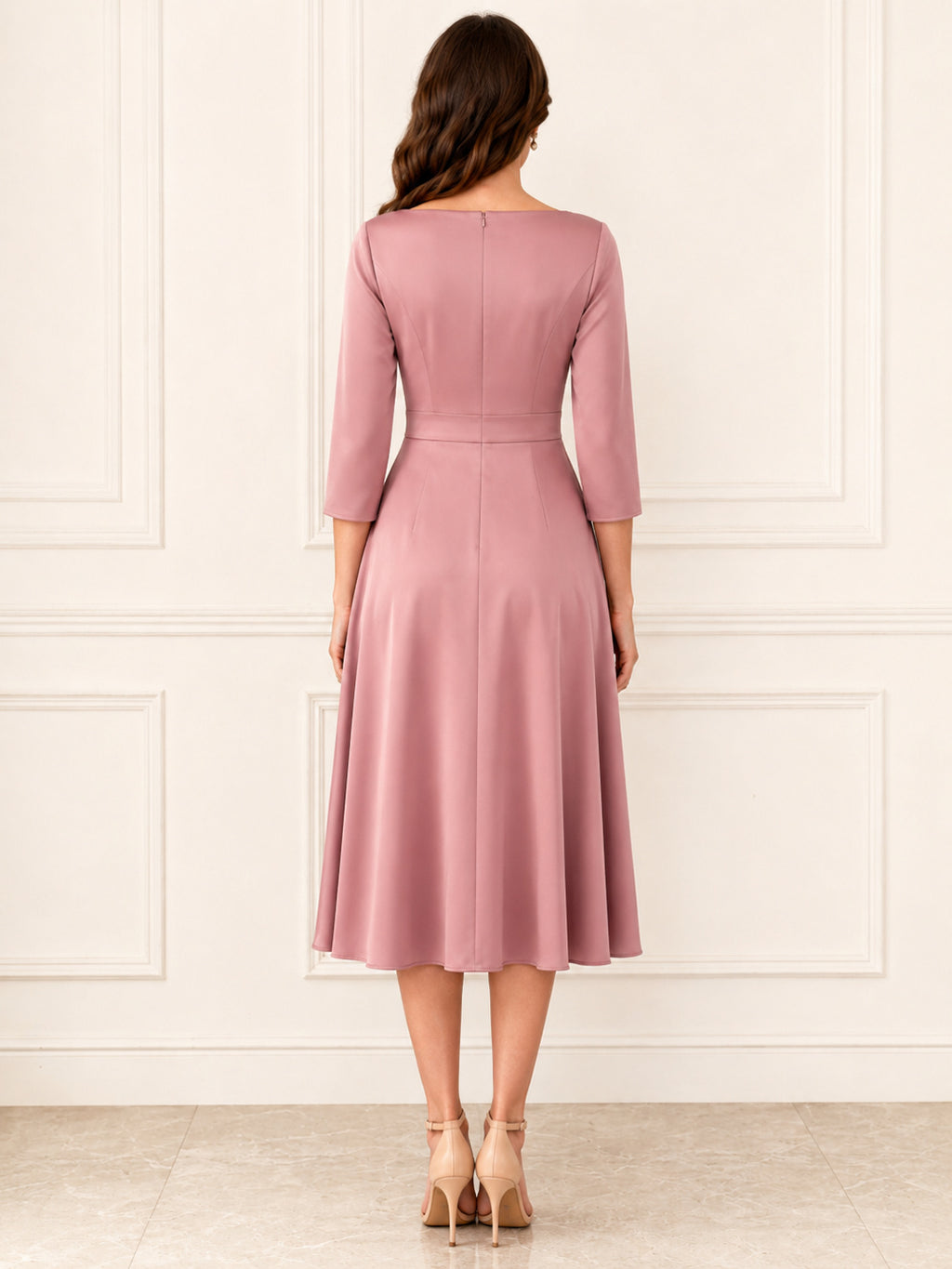 Dusty Rose Modest Bateau Neck Three Quarter Sleeve Satin Midi A Line Dress back view