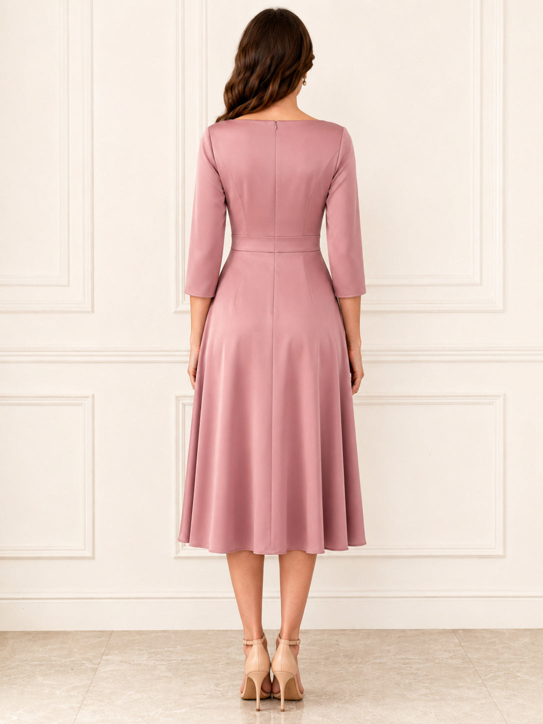 Dusty Rose Modest Bateau Neck Three Quarter Sleeve Satin Midi A Line Dress back view