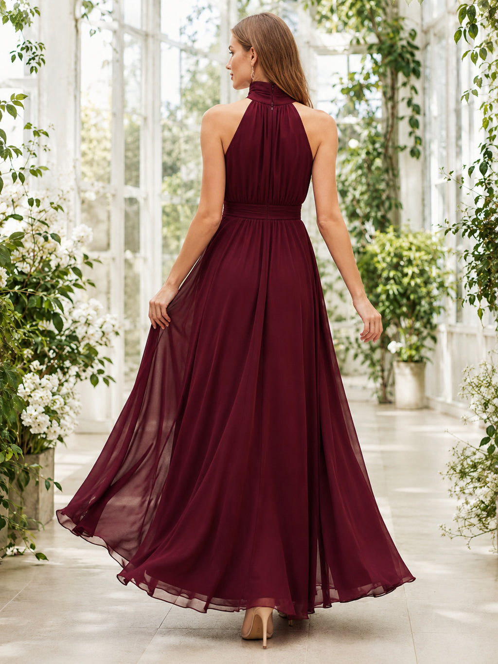 Burgundy High Neck Chiffon A Line Evening Dress back view