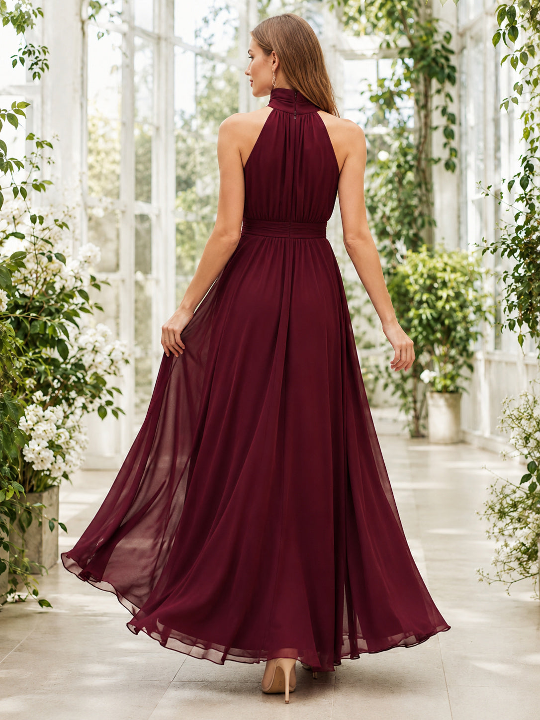 Burgundy High Neck Chiffon A Line Evening Dress back view