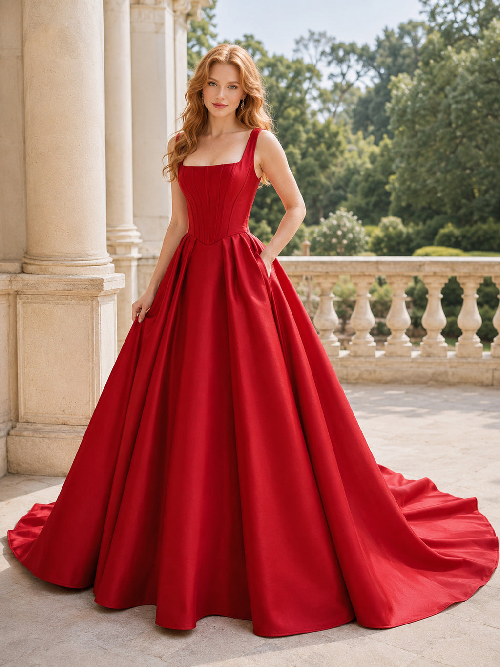 Red Square Neck Strap Satin Ball Gown Corset Wedding Dress front view