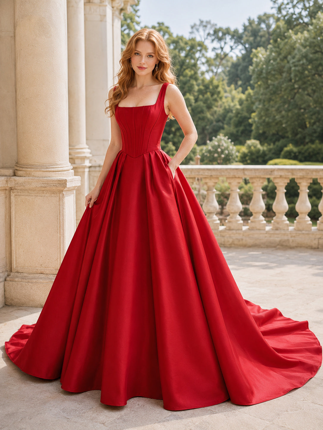 Red Square Neck Strap Satin Ball Gown Corset Wedding Dress front view
