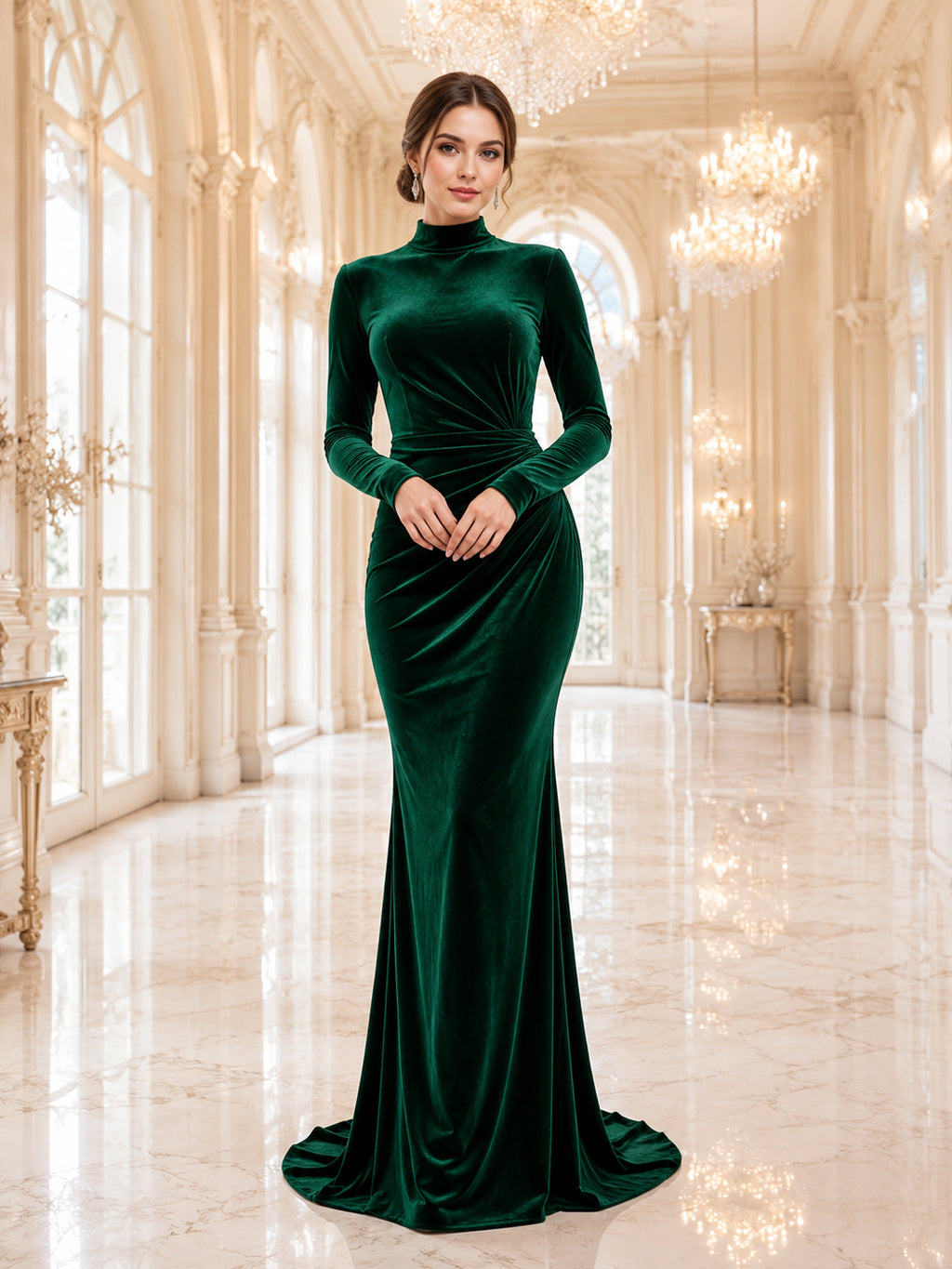 Emerald Velvet High Neck Long Sleeve Mermaid Evening Gown front view