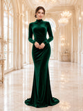 Emerald Velvet High Neck Long Sleeve Mermaid Evening Gown front view