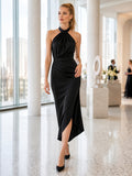Black halter draped asymmetric design awards midi dress front view
