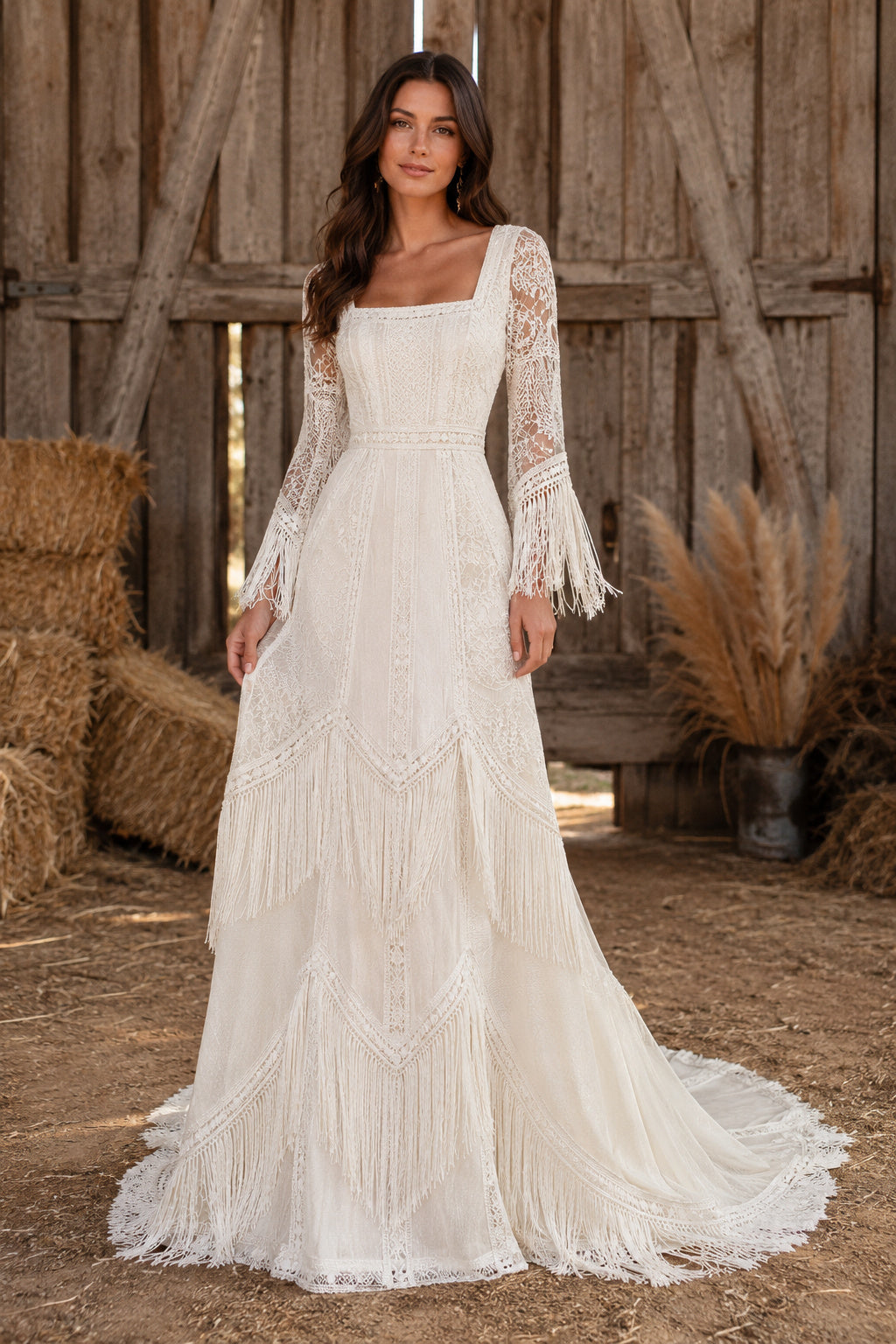 Ivory Square Neck Long Sleeve Lace Sheath Wedding Dress with Fringe Cuffs and Train front view