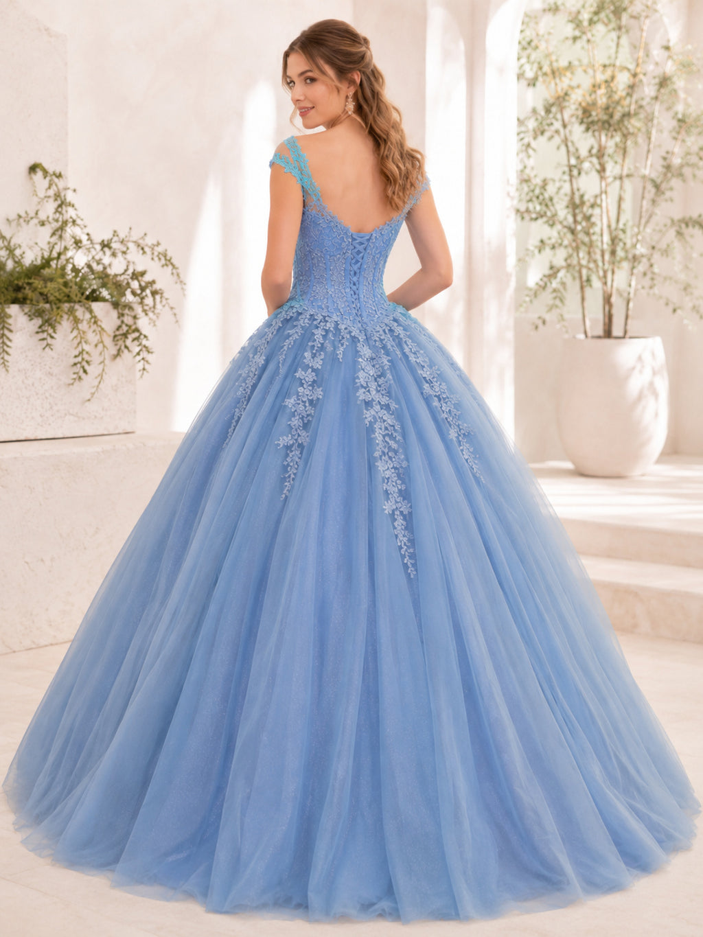 Slate Blue Luxury Scoop Straps Tiered Tulle Beaded Corset Quinceanera Princess Ball Gown back view