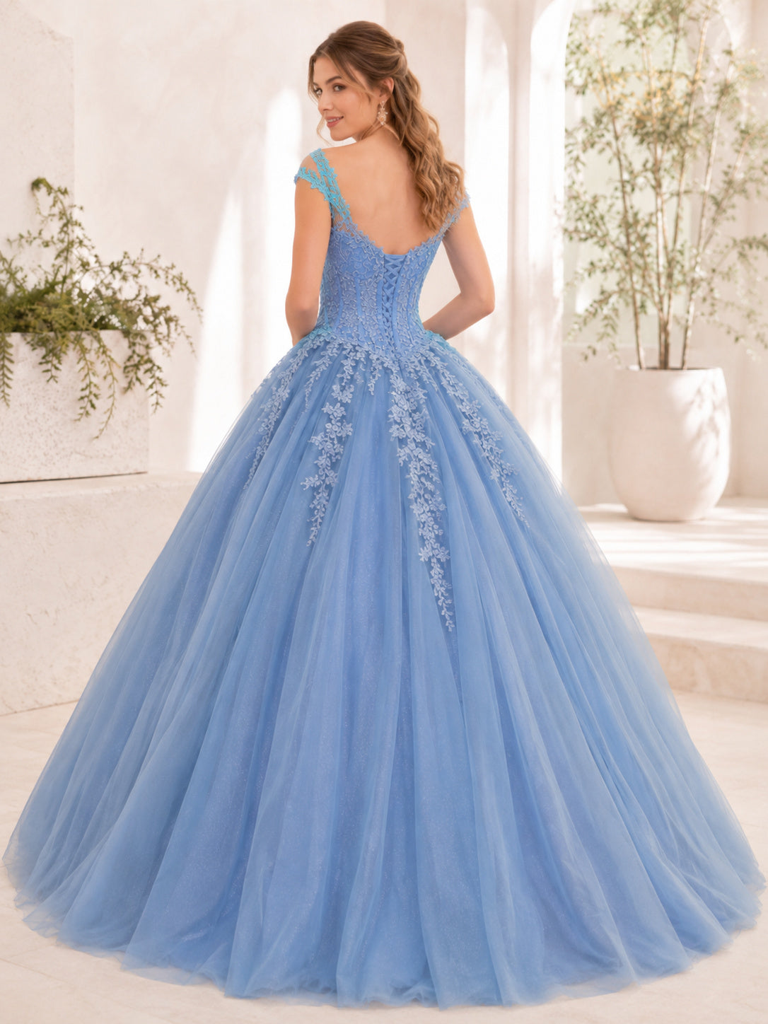Slate Blue Luxury Scoop Straps Tiered Tulle Beaded Corset Quinceanera Princess Ball Gown back view