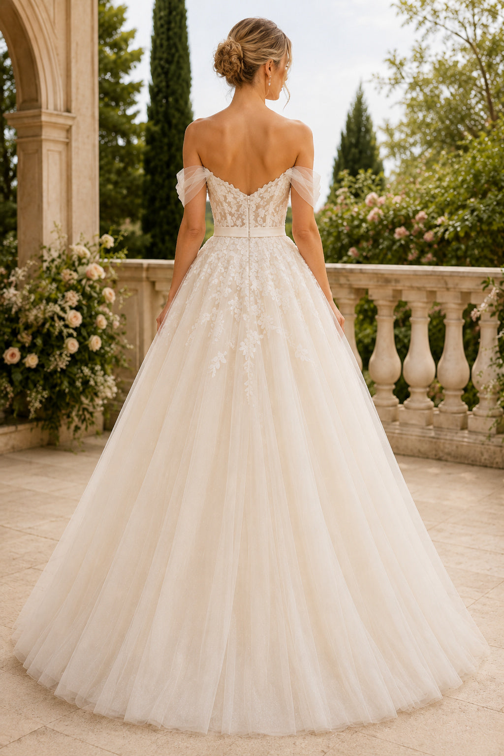 Ivory Off-the-Shoulder Tulle Ball Gown Wedding Dress with Lace Bodice back view