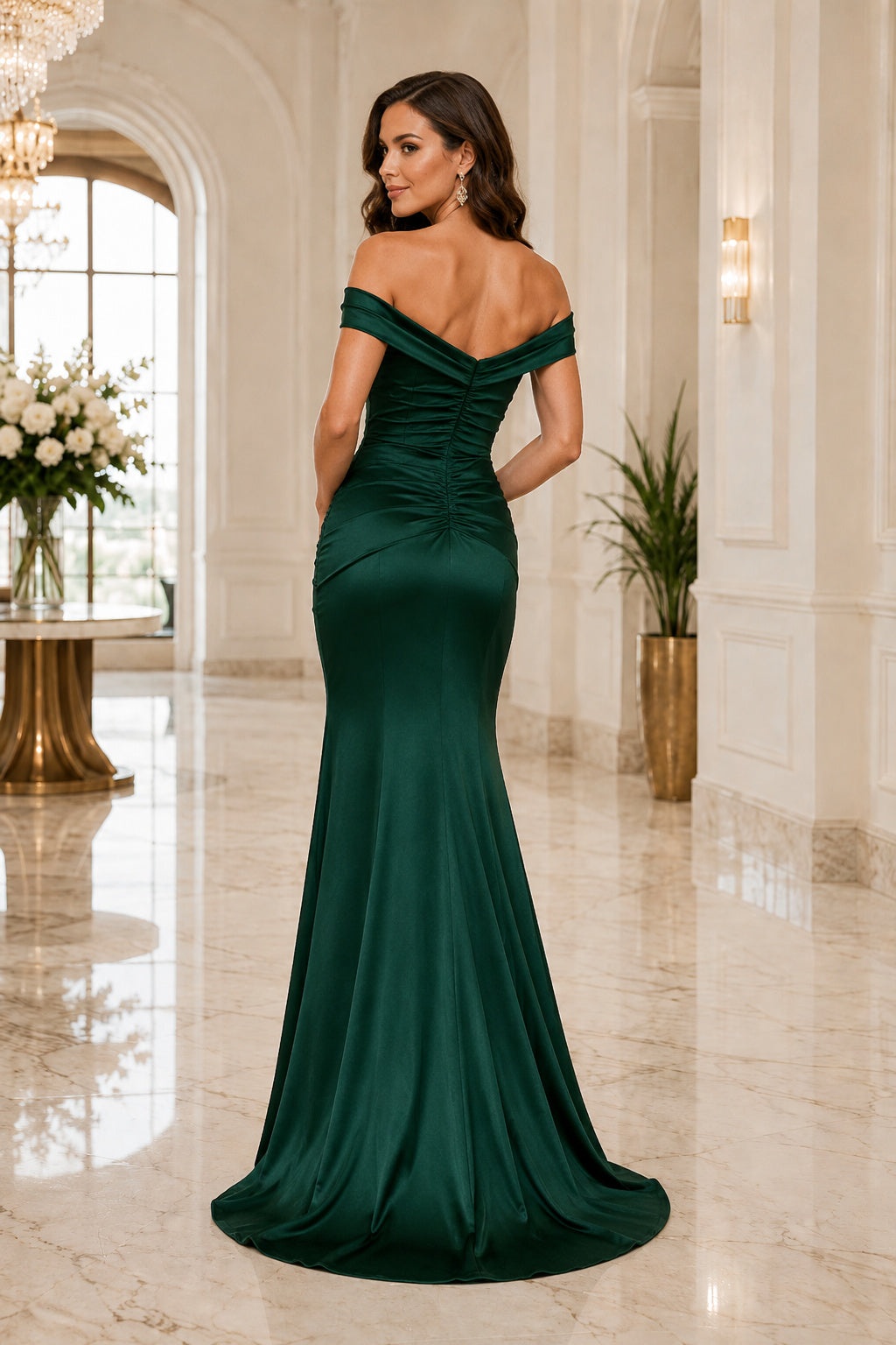 Dark Green off the shoulder satin mermaid gown with thigh slit and sweep train Floor-length And Sweep/Brush Train Mermaid Tru
