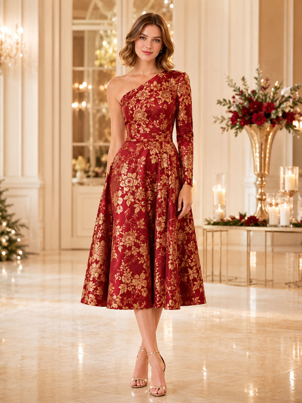 Red Gold One Shoulder Long Sleeve Jacquard Tea Guest Dress front view