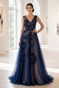 Navy V-neck A-Line Tulle Floor-length Formal Dress With Lace Appliques and Open Back