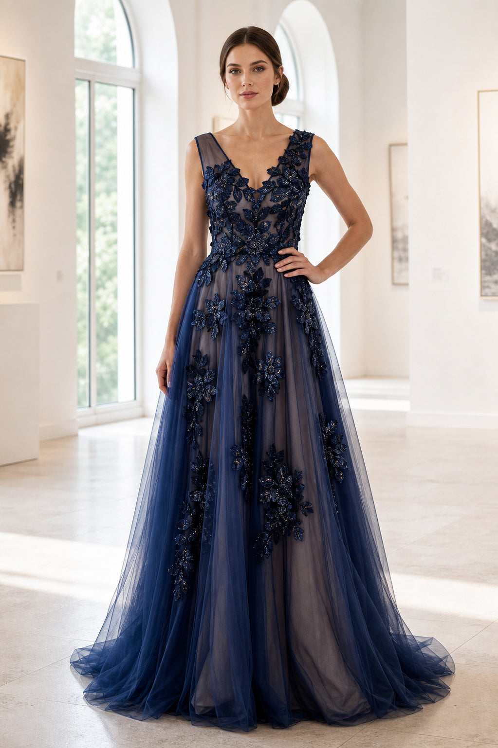 Navy V-neck A-Line Tulle Floor-length Formal Dress With Lace Appliques and Open Back