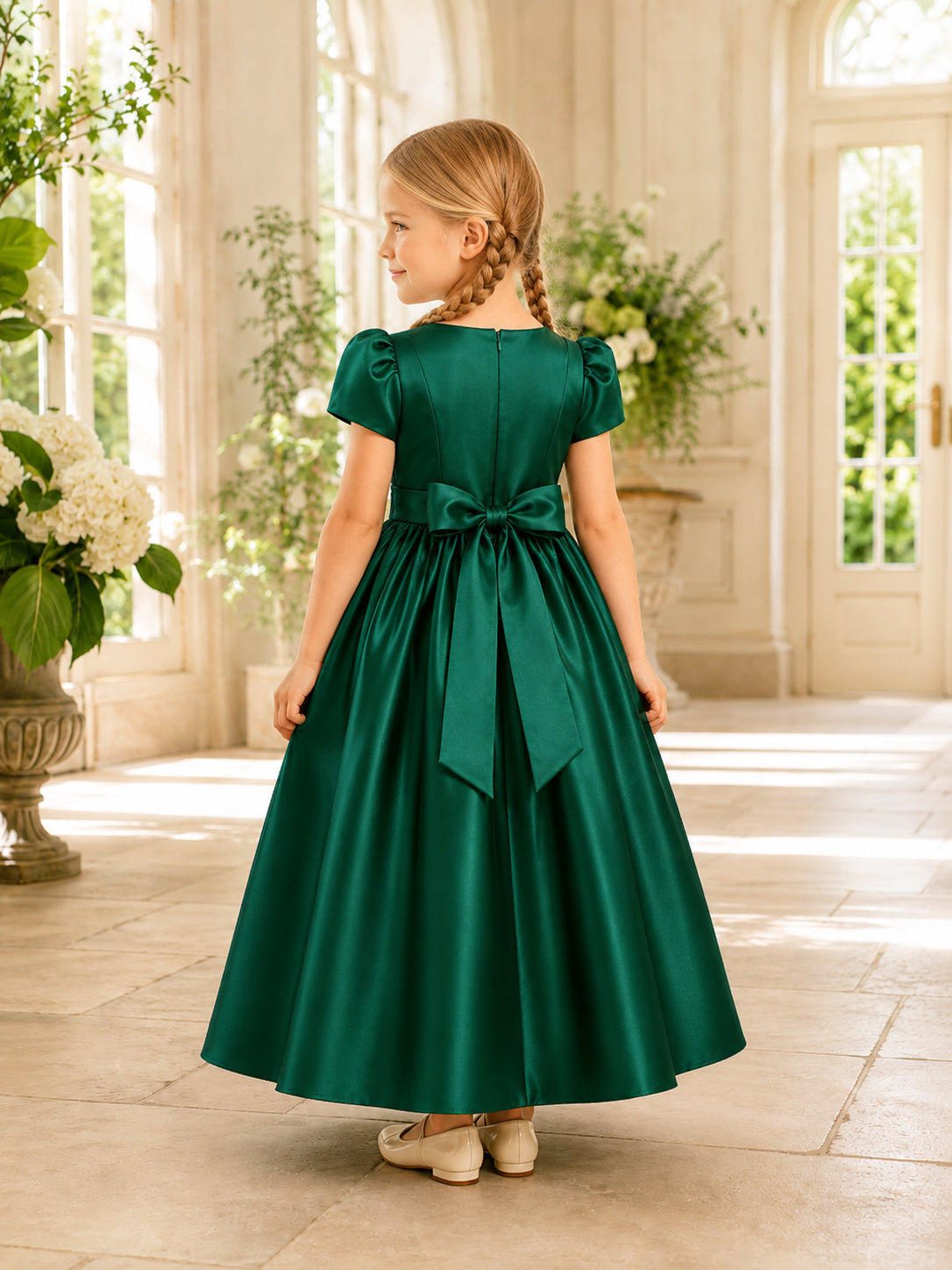 Dark Green Satin Puff Sleeve A-Line Flower Girl Formal Tea-Length Bow Dress back view