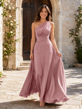 Church Ceremony Formal Dusty Rose Simple Elegant A-Line Chiffon Bridesmaid Dress with One-Shoulder Sleeveless Floor-Length Dr