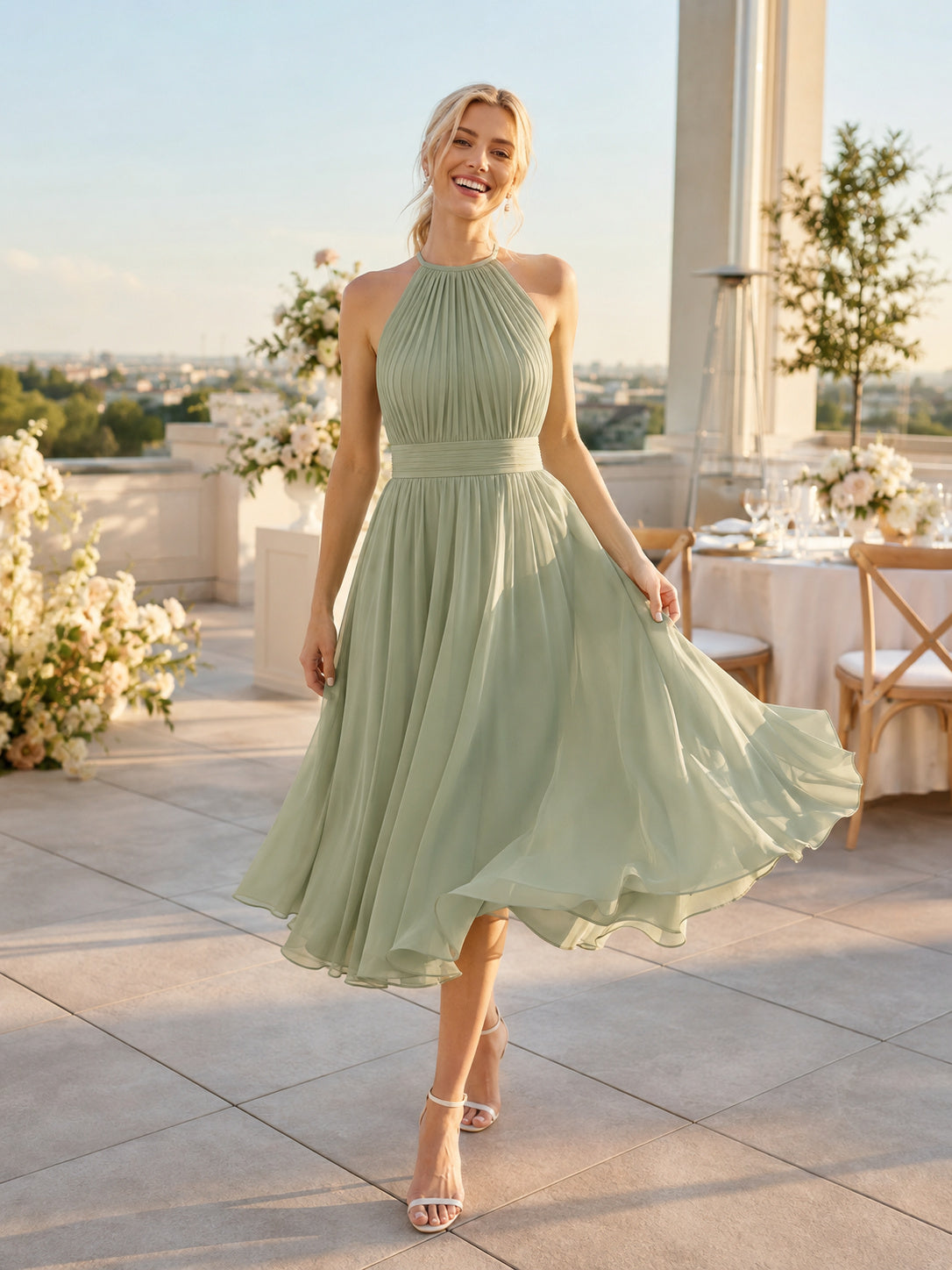 Sage Green Halter Chiffon Tea Length A-Line Summer Reception Wedding Dress front view