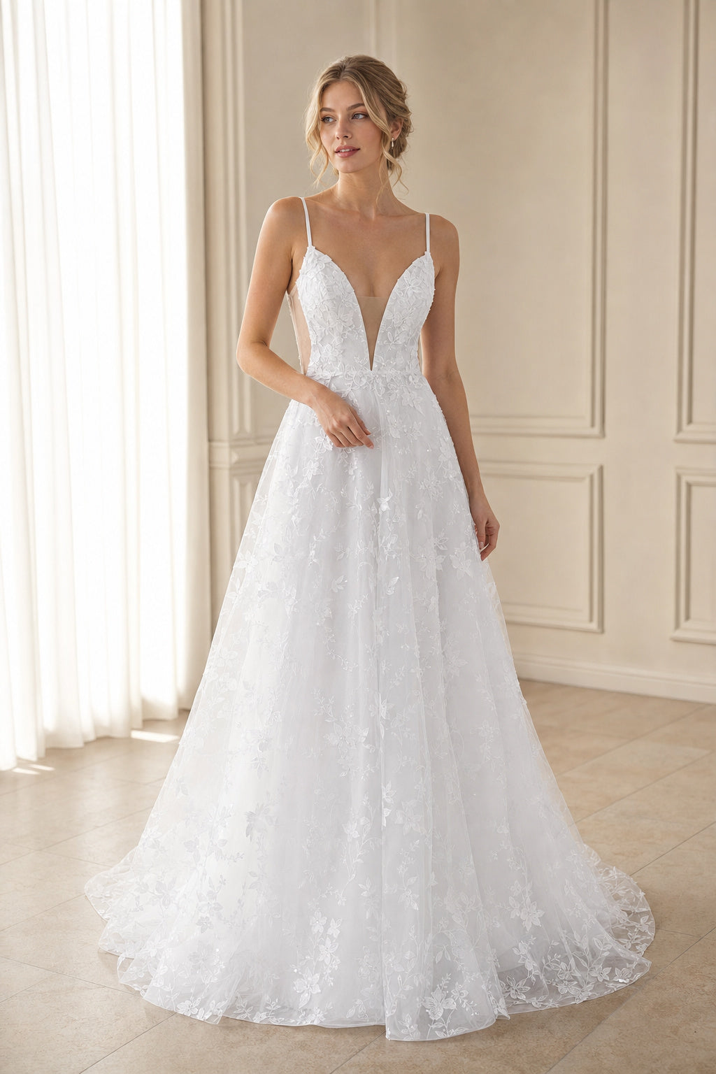 Ivory Halter A-Line Crepe Floor-length Wedding Dress With Floral Appliques and Front Slit and Open Back