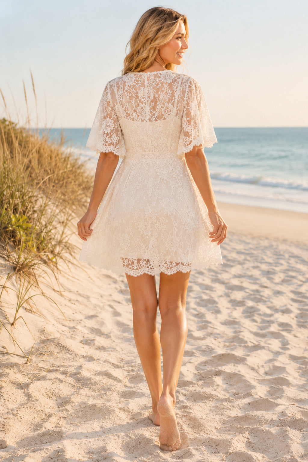 Ivory V-Neck Lace Mini Wedding Dress with Cap Sleeves and Illusion Lace Back for Beach Reception back view