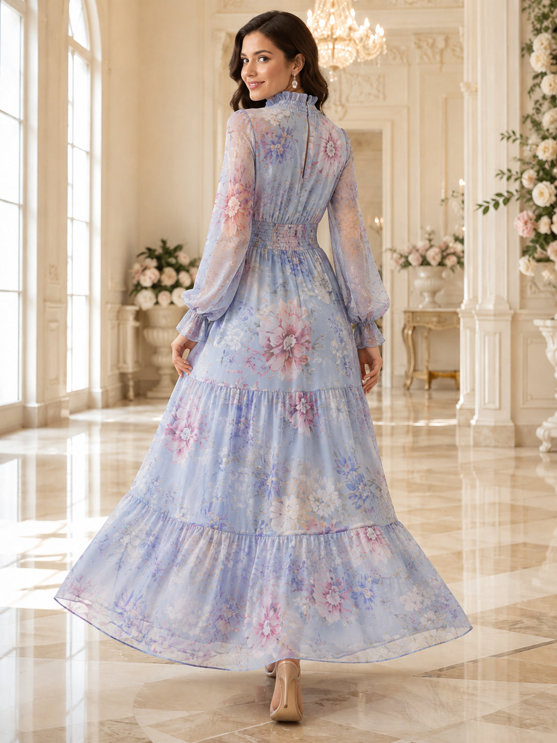 Blue Floral High Neck Long Sleeve Tiered Chiffon Maxi Dress back view
