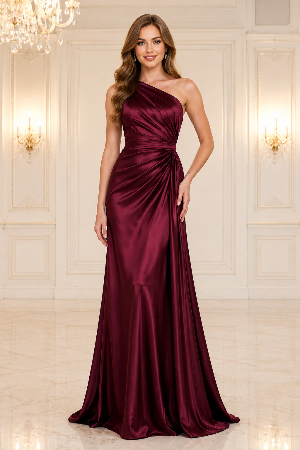 Burgundy One-Shoulder Satin Evening Dress with Draped Waist and Floor-Length Skirt front view