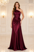 Burgundy One-Shoulder Satin Evening Dress with Draped Waist and Floor-Length Skirt front view