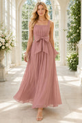 Dusty Rose Spaghetti Strap Bow Sash Chiffon Dress Floor Length A-Line Bridesmaid Dress front view