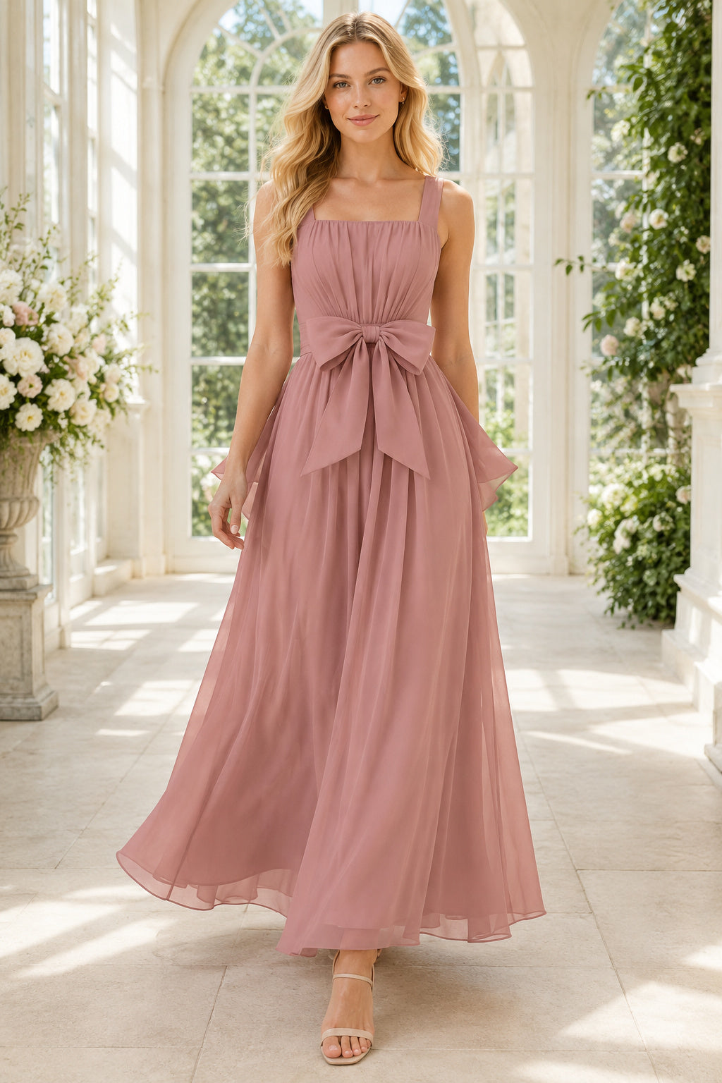 Dusty Rose Spaghetti Strap Bow Sash Chiffon Dress Floor Length A-Line Bridesmaid Dress front view