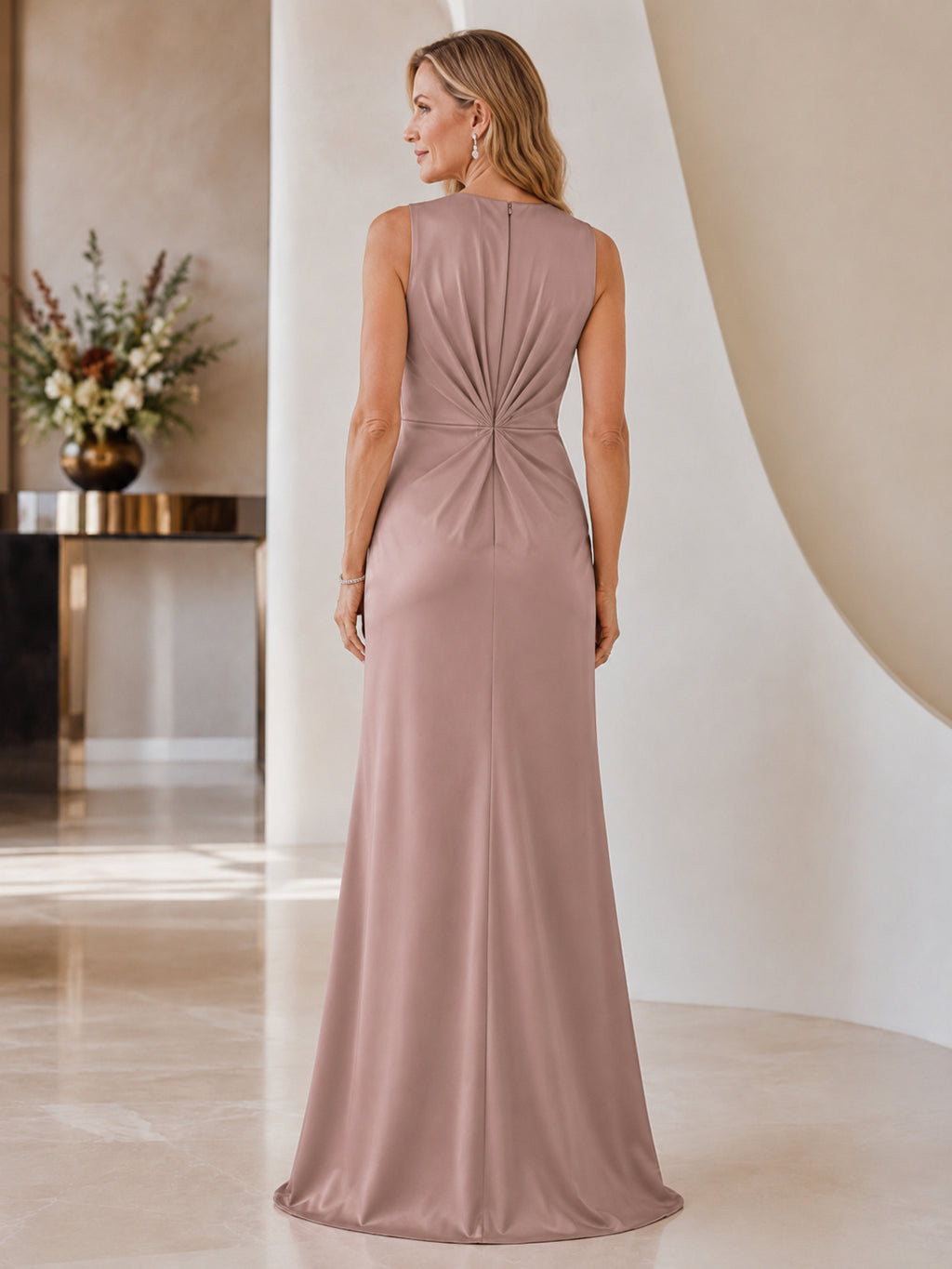 Vintage Mauve Elegant Floor-Length Sheath Mother of the Bride Jersey Gown with High Neck Sleeveless Bodice and Sunburst Waist