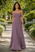 Mauve Square Neck Floor-Length Chiffon A-Line Dress