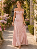 Pearl Pink Floral Garden Sheath Satin Bridesmaid Dress with Off-Shoulder Sweetheart Short Sleeve Bodice, Ruched Floor-Length