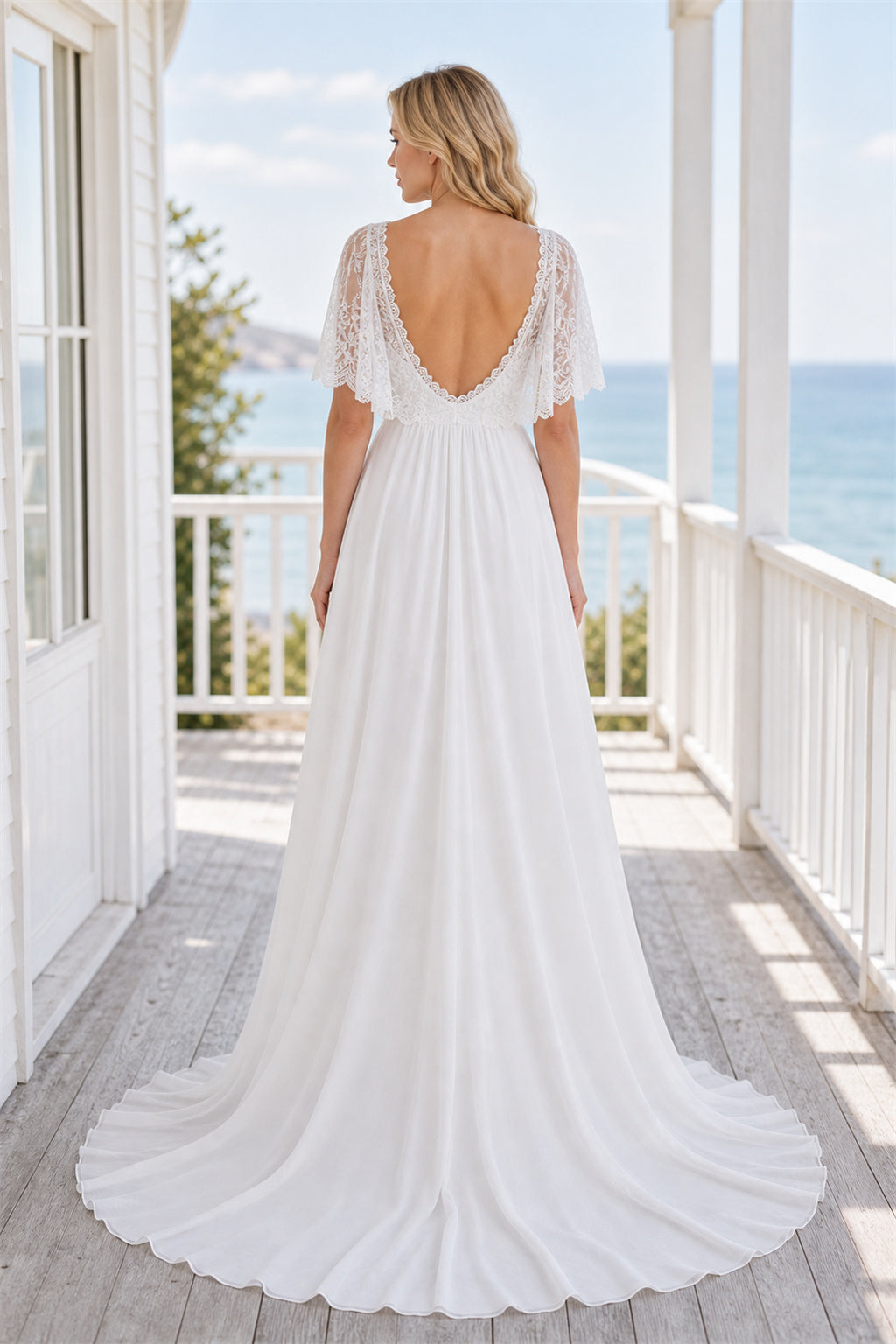 White Bateau Three-Quarter Sleeves A-Line Crepe Floor-length Wedding Dress With Sweep Train and Open Back and Open Back