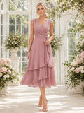 Dusty Rose V Neck Tiered Chiffon Tea Length Guest Dress front view