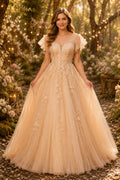 Champagne Lace Cap Sleeve Ball Gown with Full Tulle Skirt Floor Length And Sweep/Brush Train Ball Gown Wedding Dress front vi