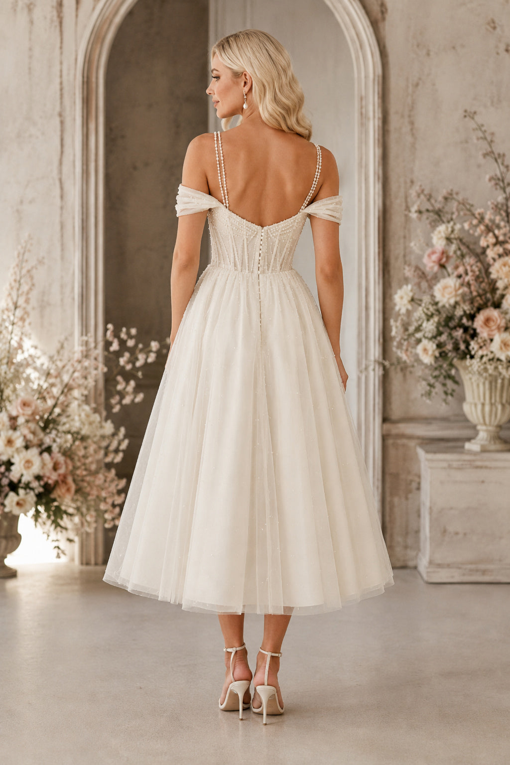 Ivory Sweetheart Cold-Shoulder Off-Shoulder Sleeve Lace Tulle Tea-Length Wedding Dress with Draped Sleeves and Satin Midi Ski