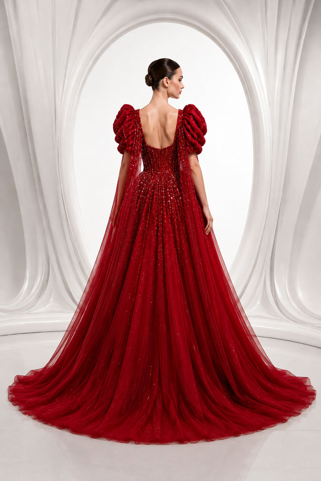 Red Puff Sleeve Tulle Ball Gown Prom Dress with Glitter Bodice back view