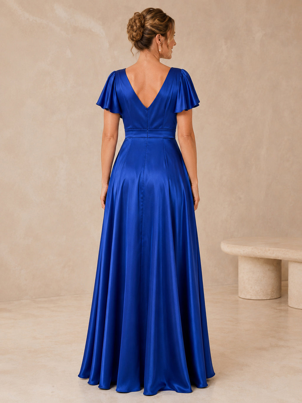 Royal Blue V-Neck A-Line Formal Dress with Flutter Sleeves back view