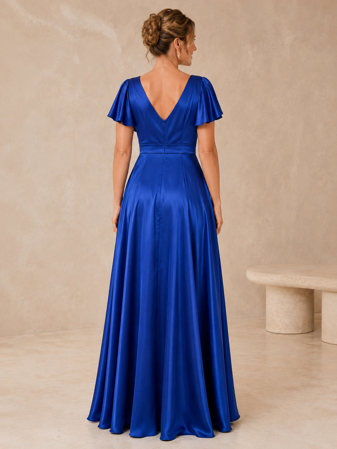 Royal Blue V-Neck A-Line Formal Dress with Flutter Sleeves back view