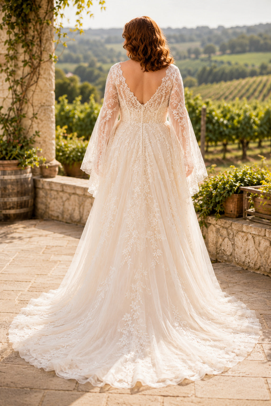 Plus Size Long Sleeve V-Neck Lace Tulle A-Line Wedding Dress with Chapel Train back view